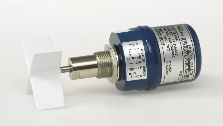 Rotary paddle level switch with blue housing and folding paddle