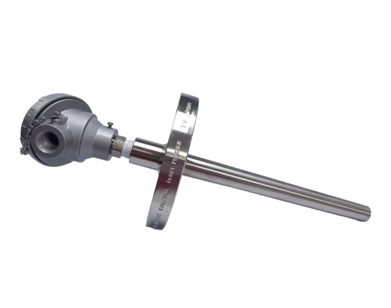 Thermocouple with a large terminal head and a flange