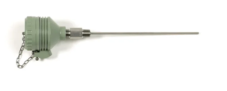 Spring-loaded hazardous area probe with a green flameproof terminal head