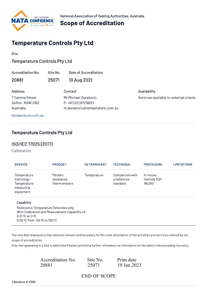 First page of NATA Scope of Accreditation