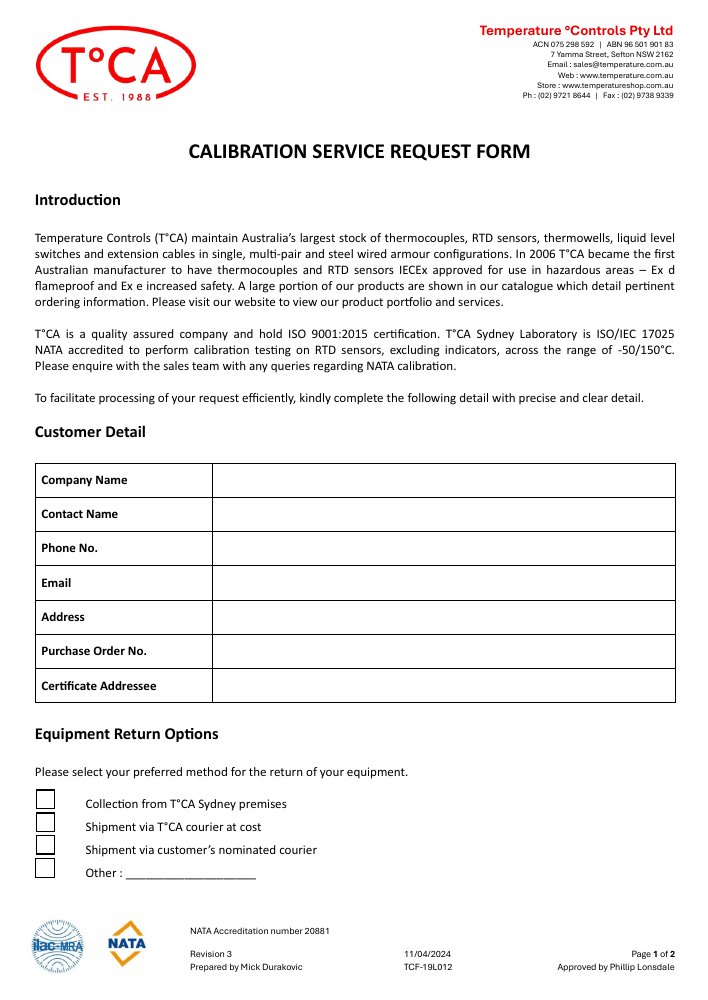 First page of Calibration Service Request Form