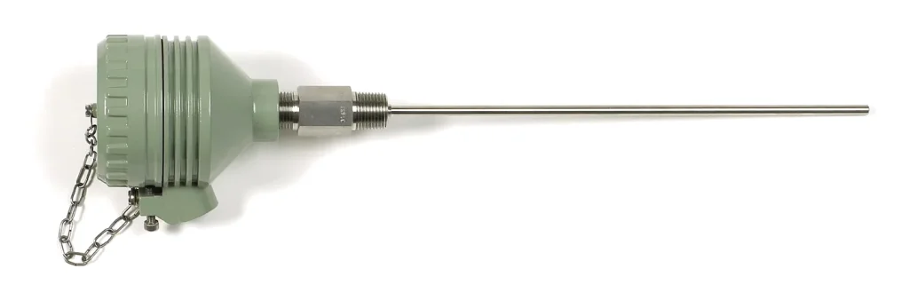 Spring-loaded hazardous area probe with a green flameproof terminal head and chained cap