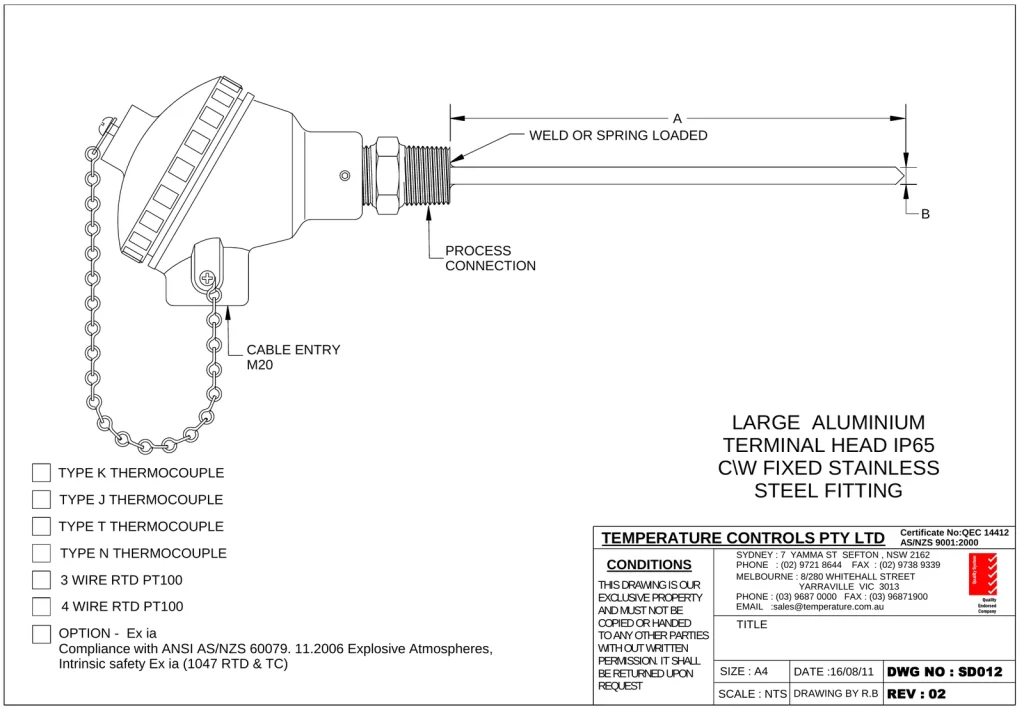 Drawing SD 012: large terminal head sensor assembly