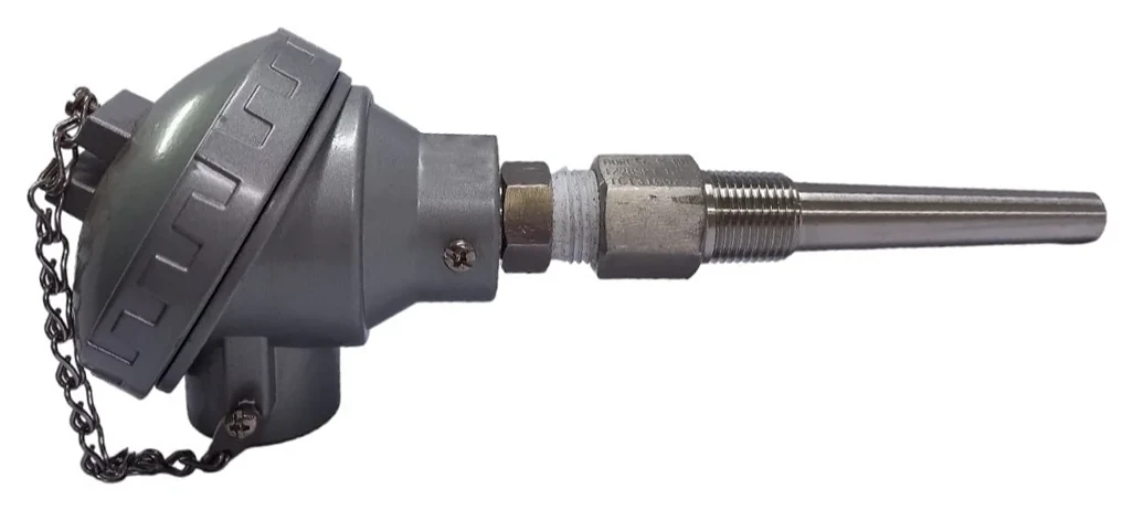 Thermocouple assembly with a grey cast terminal head and chained cap, fitted through a hex nipple to a stainless steel screwed thermowell